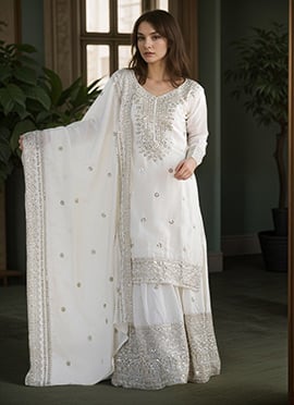 Off White Chinon Silk Embroidered Sequins Sharara Suit