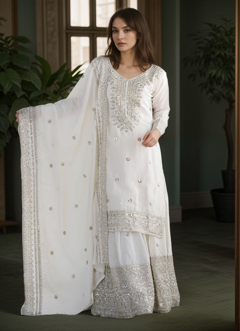 Off White Chinon Silk Embroidered Sequins Sharara Suit Festive Wear