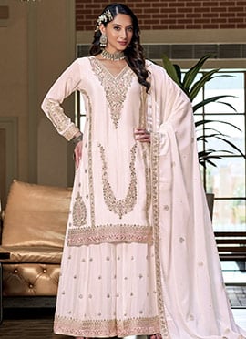 Off White Chinon Silk Embroidered Sequins With Mirror Work Palazzo Suit
