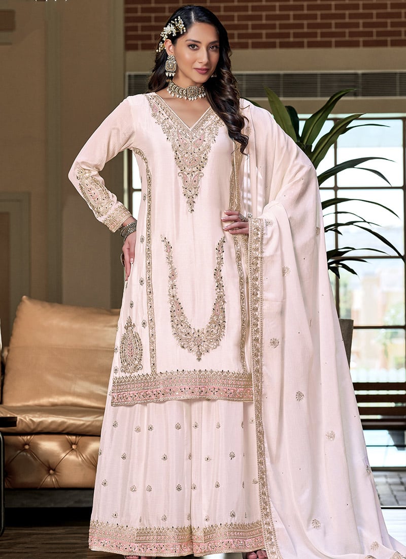 Off White Chinon Silk Embroidered Sequins With Mirror Work Palazzo Suit Festive Wear