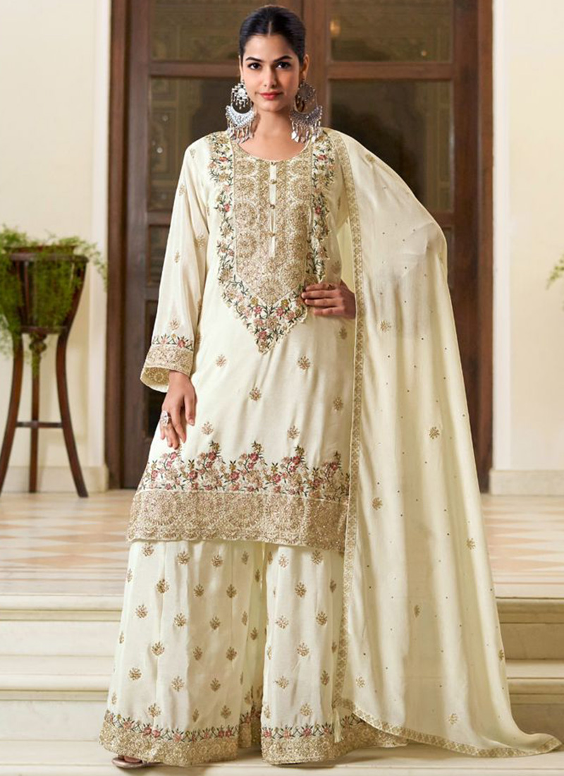 Off White Chinon Silk Hand Embroidered Sequins Pakistani Palazzo Suit Festive Wear