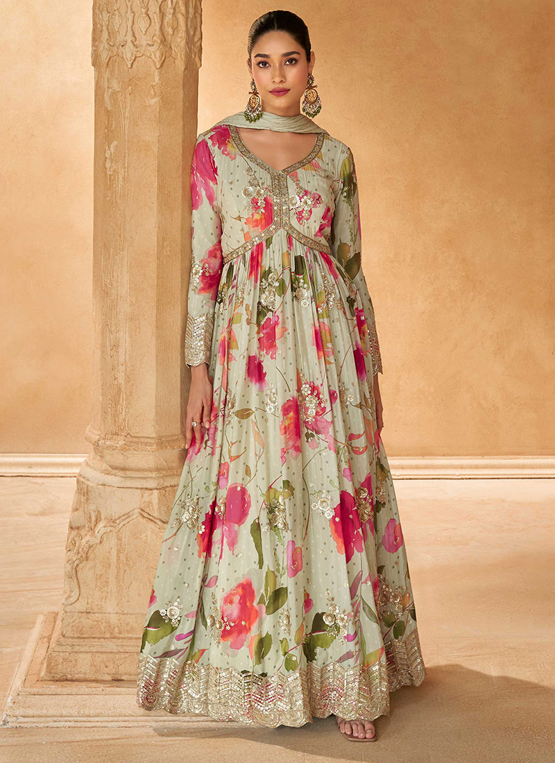Off White Chinon Silk Printed Embroidered Sequins Stunning Anarkali Suit Festive Wear