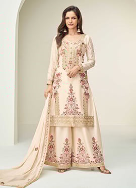 Off White Chinon Silk Sequins Embroidered Pakistani Palazzo Suit