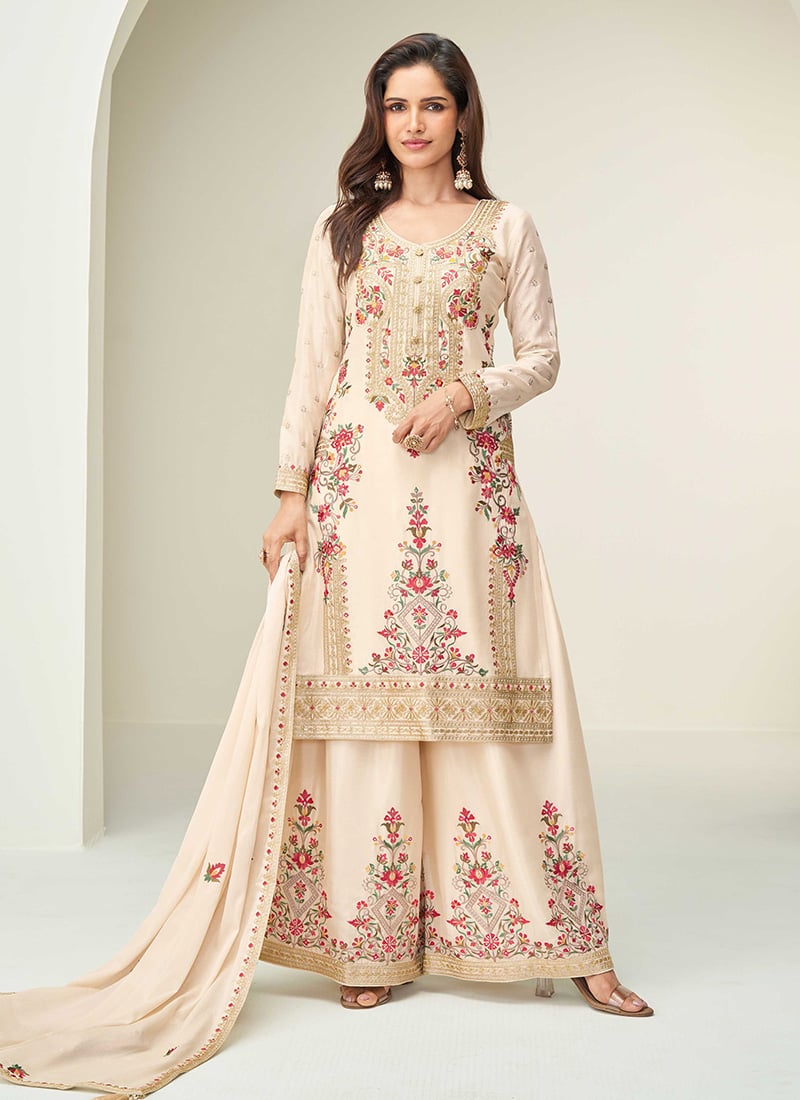 Off White Chinon Silk Sequins Embroidered Pakistani Palazzo Suit Festive Wear