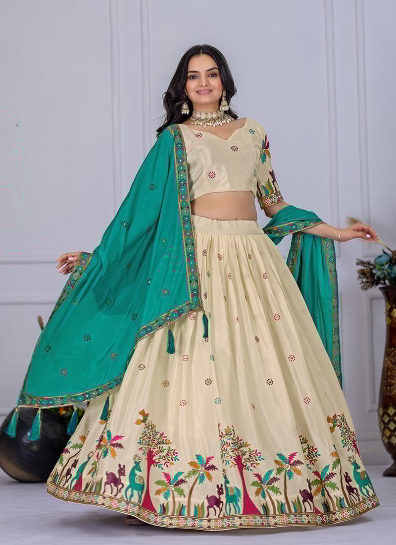 Off White Chinon Silk Thread Embroidered Sequins Lehenga Festive Wear