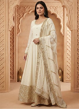 Off White Chinon Silk Zari Embroidered Sequins Anarkali Suit