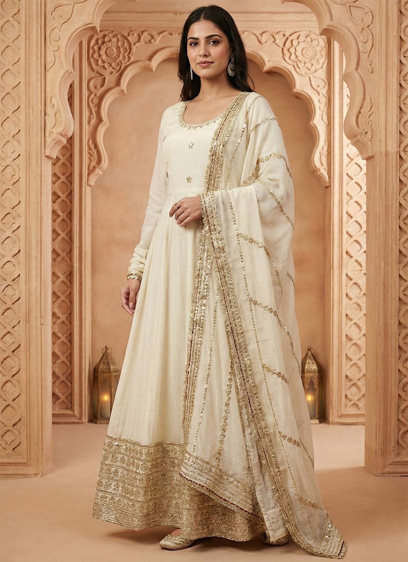 Off White Chinon Silk Zari Embroidered Sequins Anarkali Suit Festive Wear