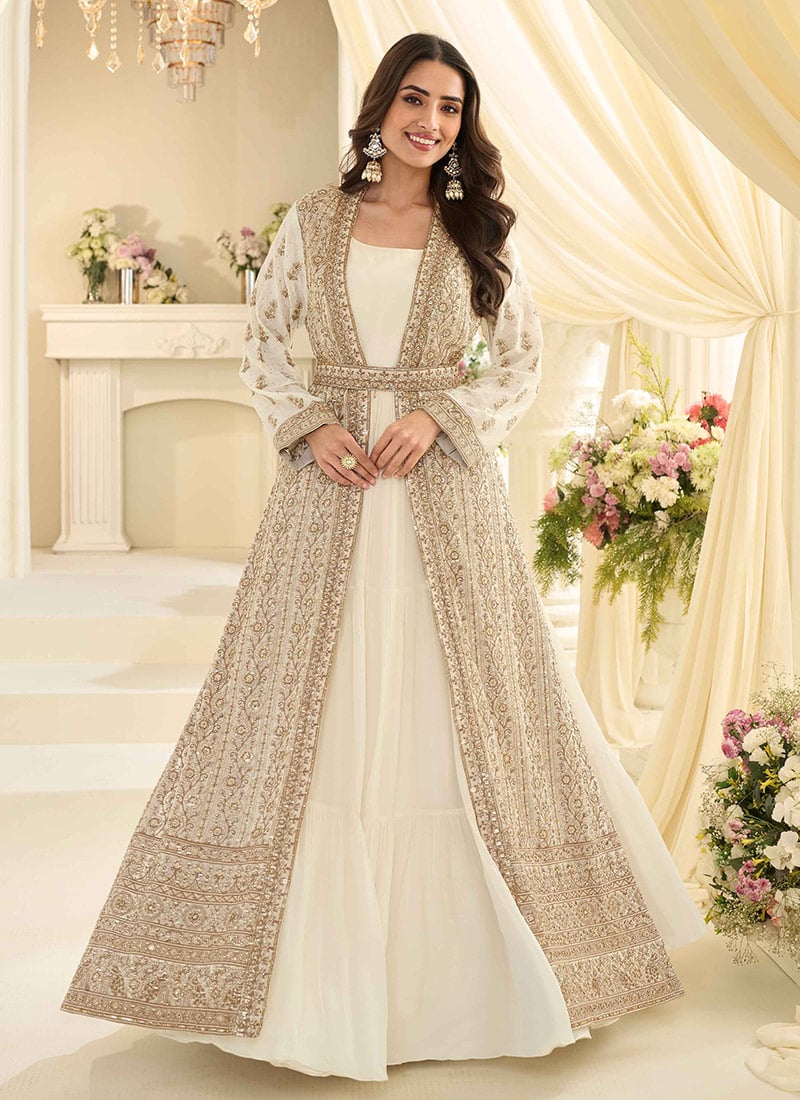 Off White Chinon Silk Zari Embroidered Stones Sequins Dresses And Gown Wedding Wear