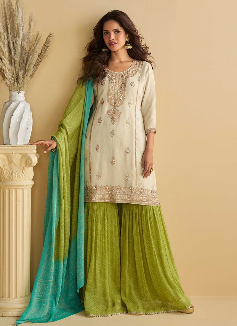 Off White Chinon Zari Embroidered Sequins Bandhini Sharara Suit Festive Wear