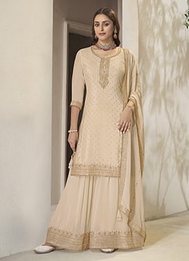 Off White Chinon Zari Embroidered Sequins Palazzo Suit