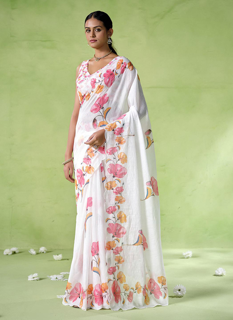 Off White Cotton Blend Printed Saree After Six Wear