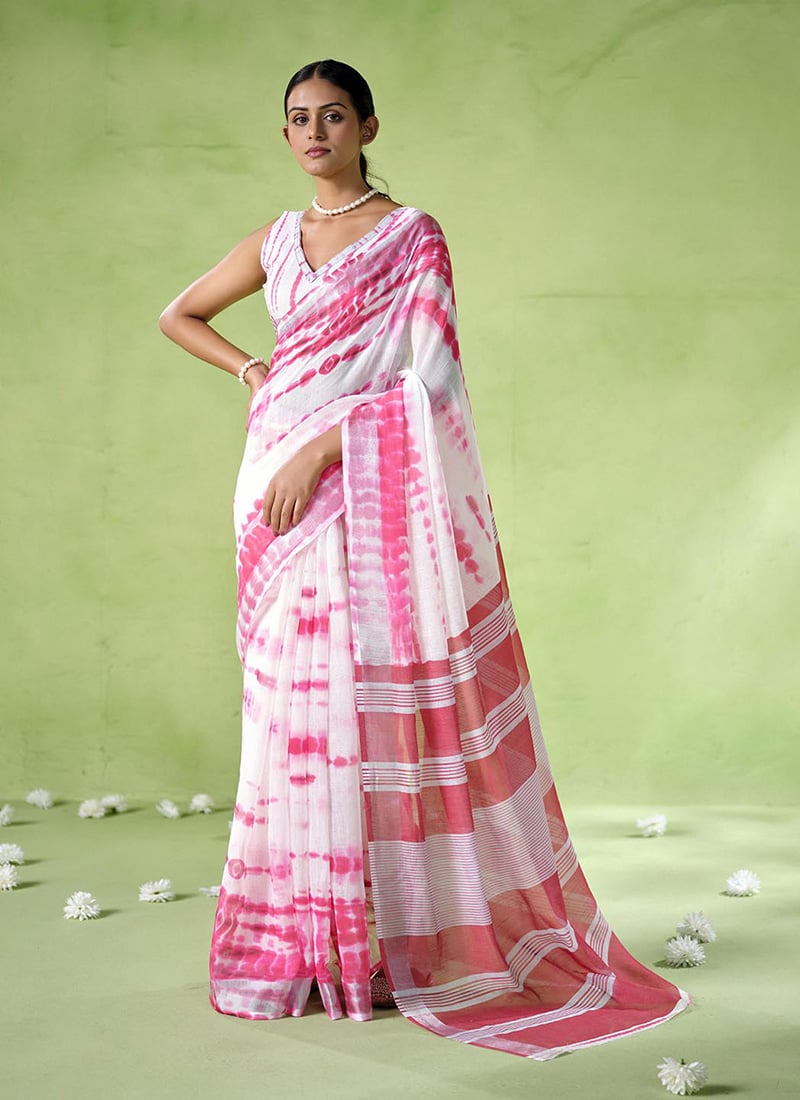 Off White Cotton Blend Printed Saree After Six Wear