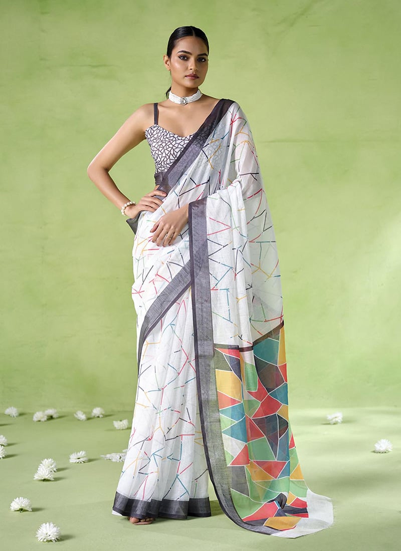 Off White Cotton Blend Printed Saree After Six Wear