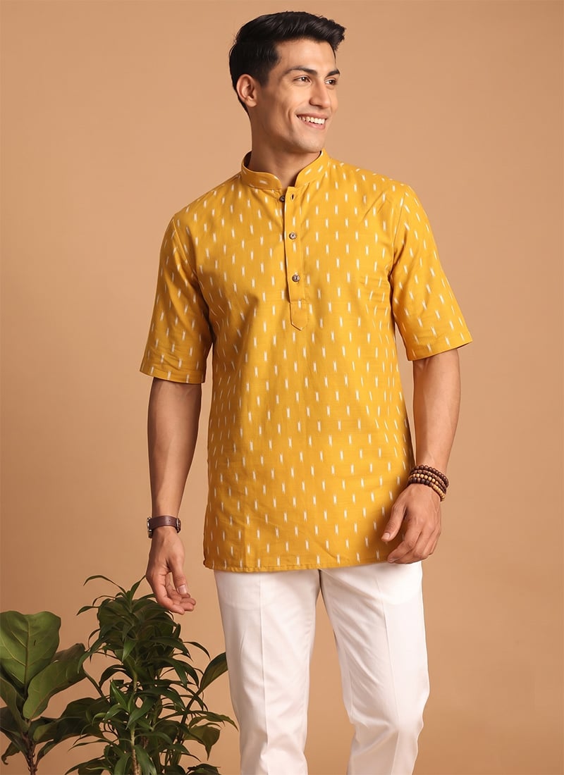 Off White Cotton Digital Print Kurta For Men