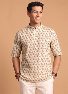 Off White Cotton Digital Print Kurta For Men