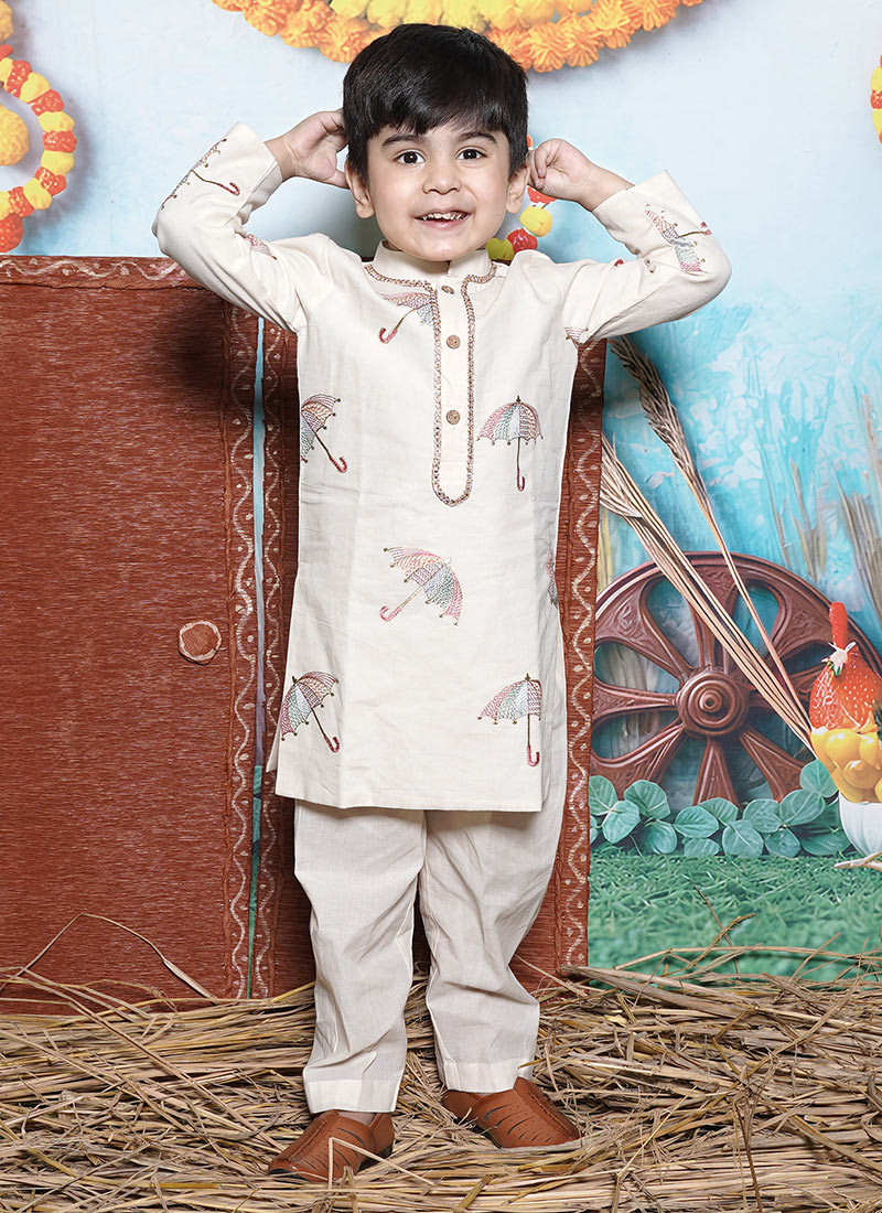 Off White Cotton Embroidered Kids Boys Kurta Pyjama Festive Wear