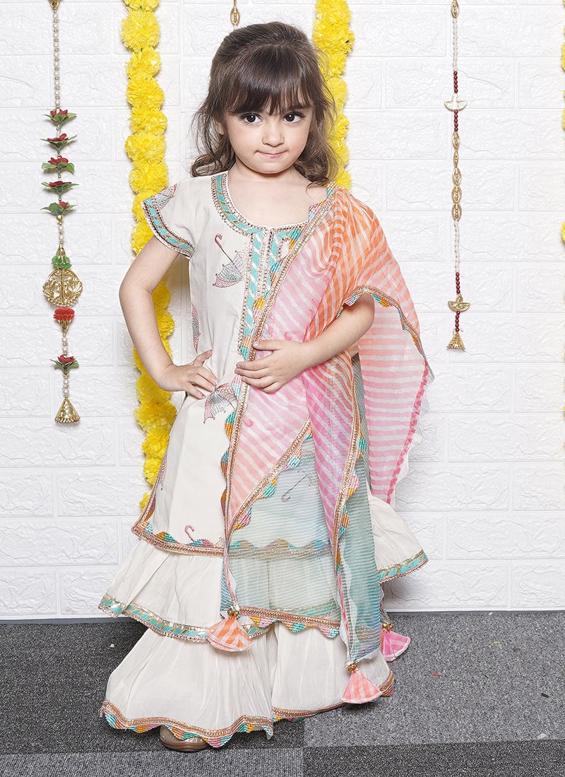 Off White Cotton Embroidered Kids Girls Sharara Suit