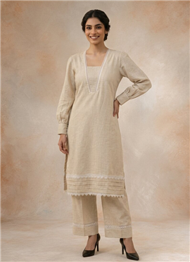 Off White Cotton Lace Detailed Kurta Pant Set