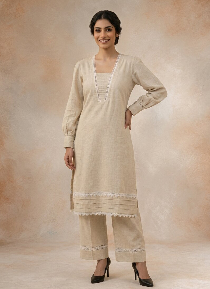 Off White Cotton Lace Detailed Kurta Pant Set Festive Wear