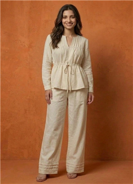 Off White Cotton Pintuck Drawstring Co-ord Set