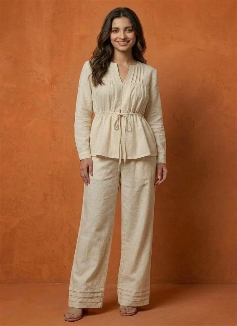 Off White Cotton Pintuck Drawstring Co-ord Set Work Wear