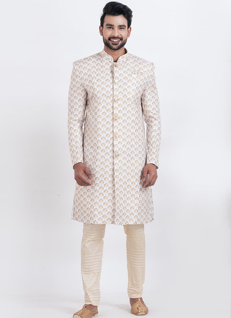 Off White Cotton Print Jacquard Classic Sherwani