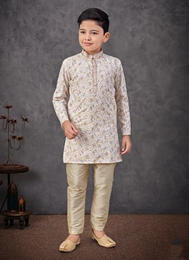 Off White Cotton Printed And Chikankari Embroidered Boys Kurta Pyjama