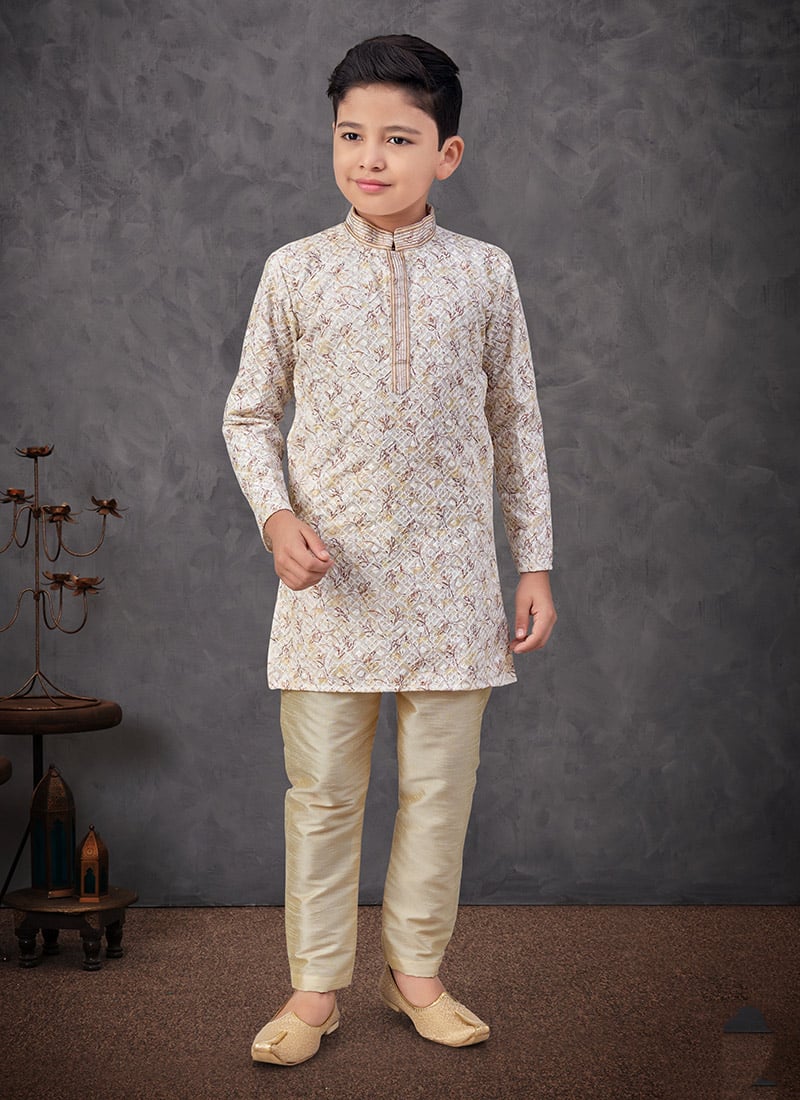 Off White Cotton Printed And Chikankari Embroidered Boys Kurta Pyjama Festive Wear