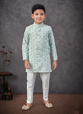 Off White Cotton Printed And Chikankari Embroidered Boys Kurta Pyjama