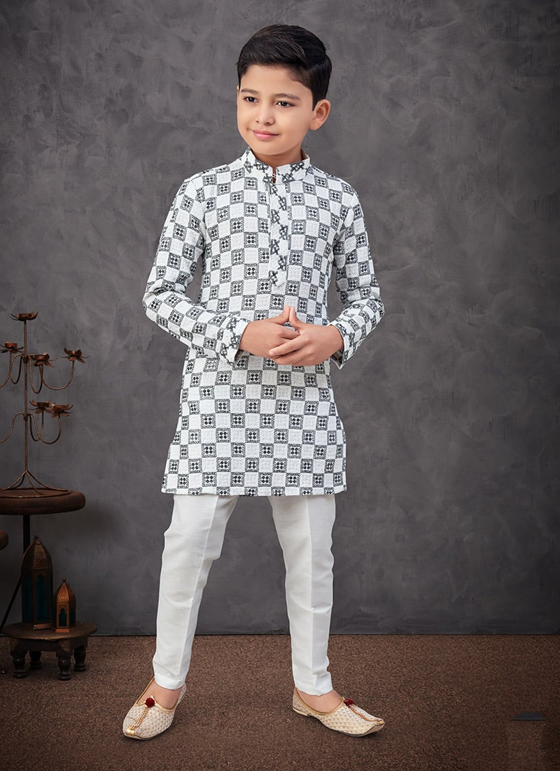 Off White Cotton Printed And Chikankari Embroidered Boys Kurta Pyjama Festive Wear