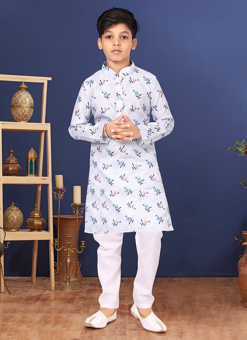Off White Cotton Printed Boys Kurta Pyjama