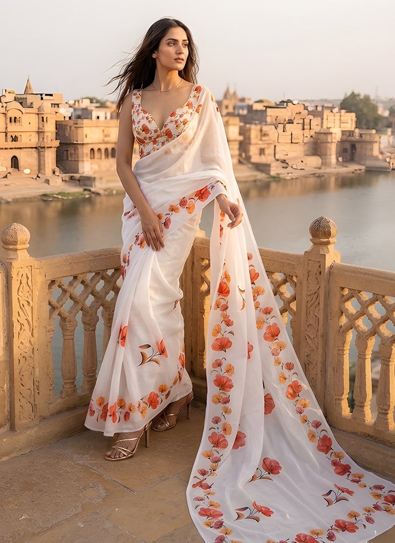 Off White Cotton Printed Classy Saree Festive Wear