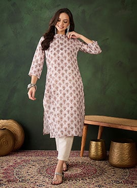 Off White Cotton Printed Knee Length Kurti