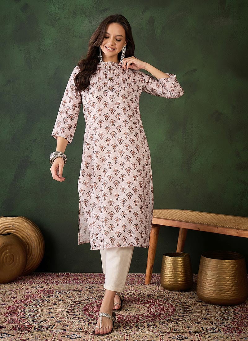 Off White Cotton Printed Knee Length Kurti After Six Wear