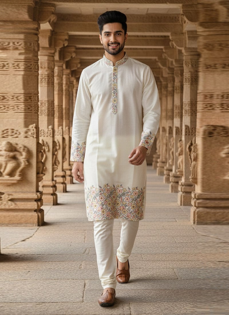 Off White Cotton Printed Kurta Pyjama Festive Wear