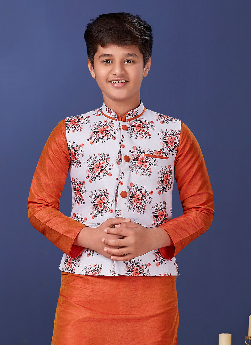 Off White Cotton Printed Nehru jacket