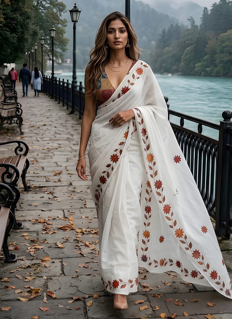Off White Cotton Printed Saree Festive Wear