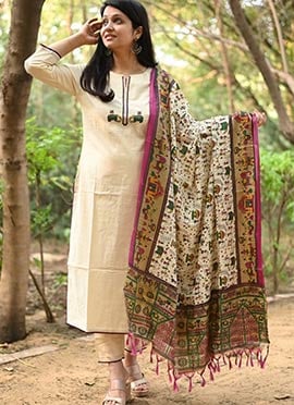 Off White Cotton Printed Straight Pant Suit