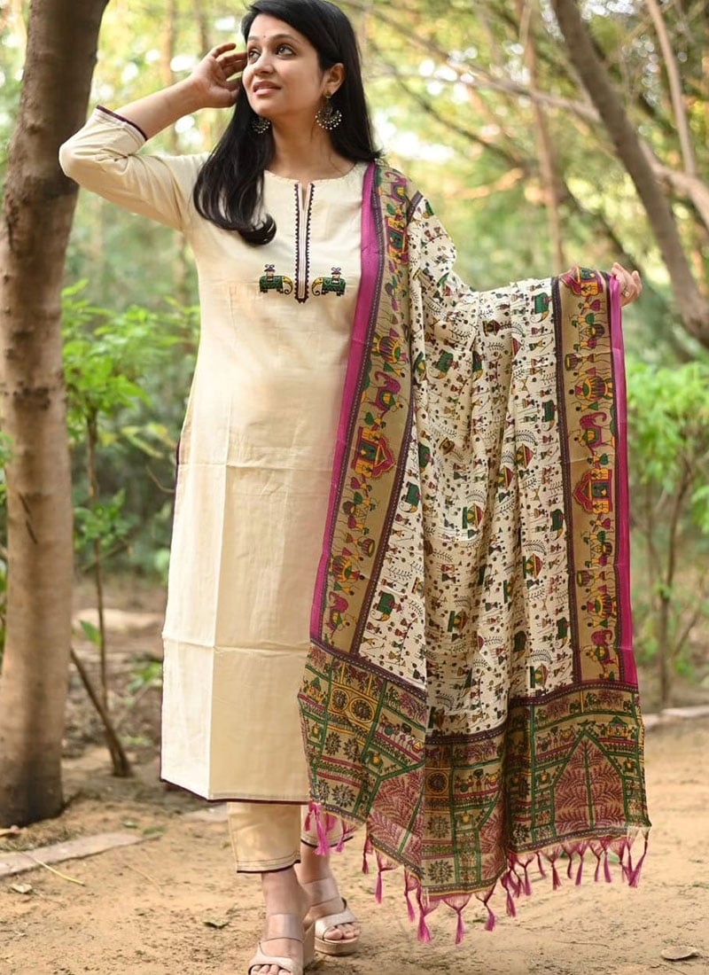 Off White Cotton Printed Straight Pant Suit Festive Wear