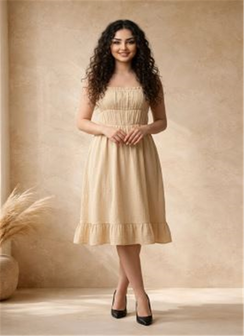 Off White Cotton Ruched Bodice Midi Dress Party Wear