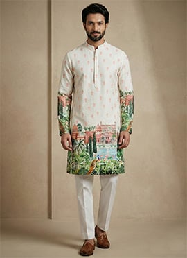 Off White Cotton Schiffli Work And Digital Print Kurta Pyjama For Men