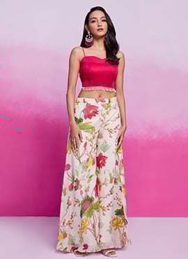 Off White Cotton Silk Digital Print Indowestern Palazzo Set