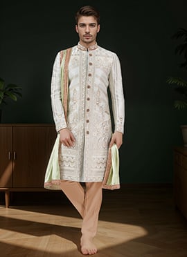 Off White Cotton Silk Jacquard Classic Sherwani