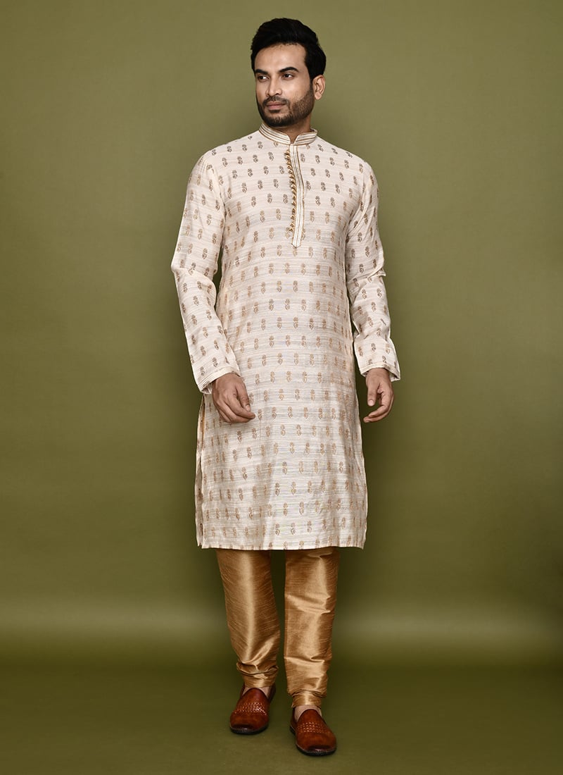 Off White Cotton Silk Jacquard Kurta Pyjama Festive Wear