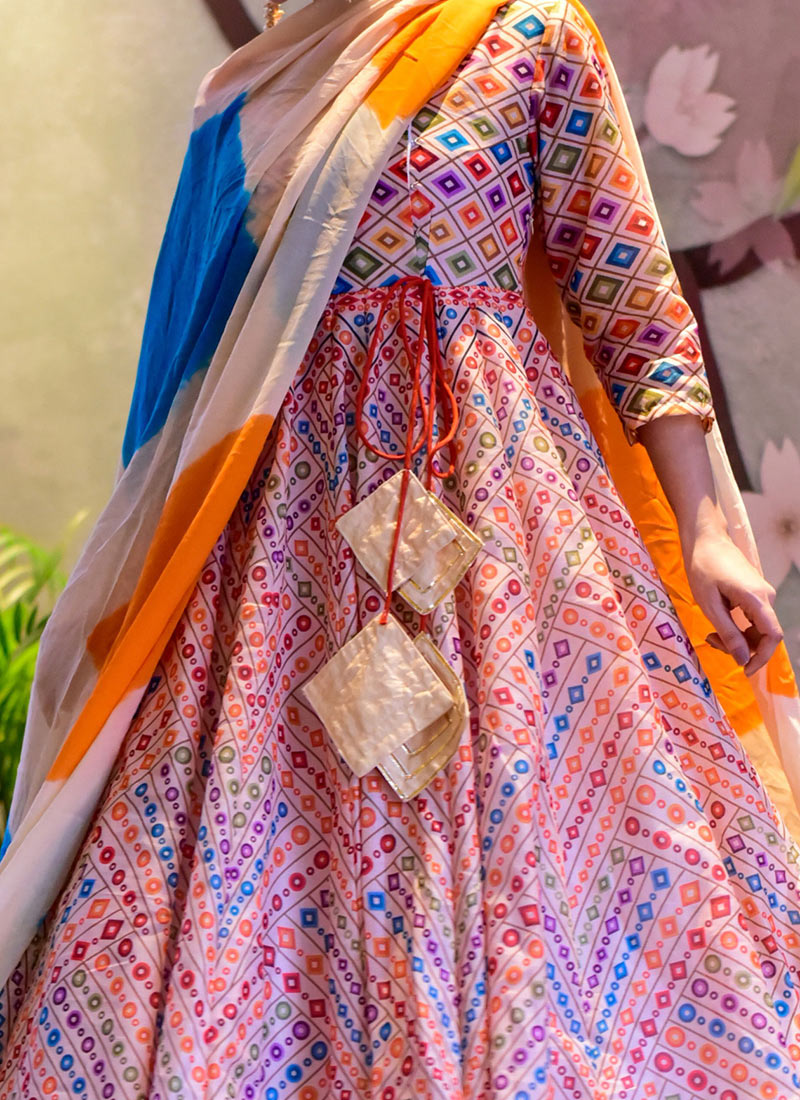 Buy Off White Cotton Silk Printed Anarkali Gown Party Wear, Printed