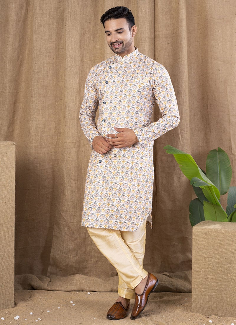 Off White Cotton Silk Printed Indowestern Sherwani Festive Wear