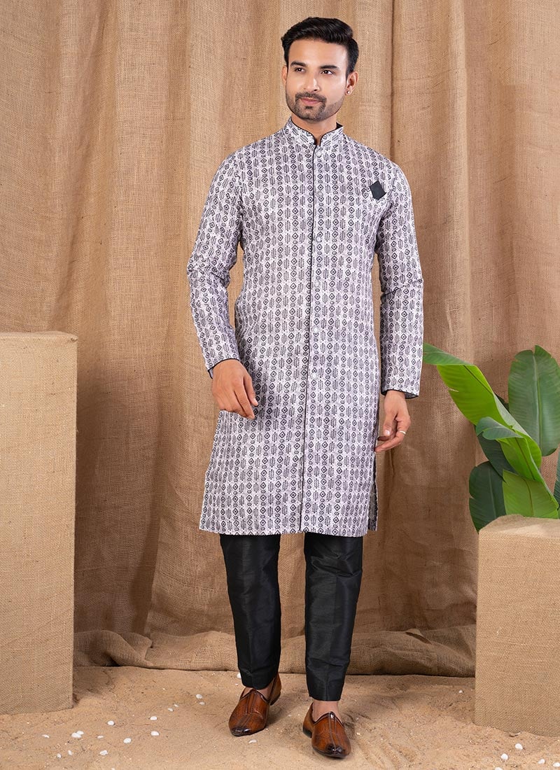 Off White Cotton Silk Printed Indowestern Sherwani Festive Wear