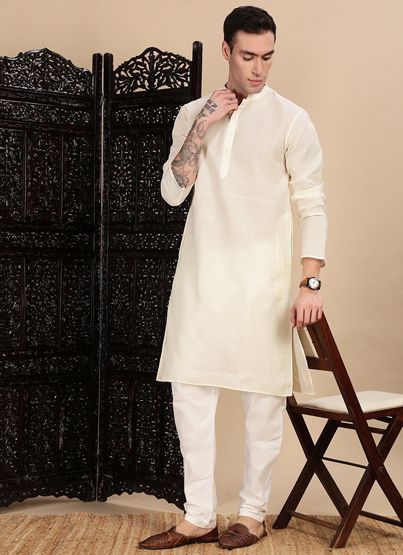 Off White Cotton Solid Kurta 