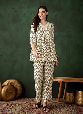 Off White Cotton Stripe Printed Indowestern Co ord Set