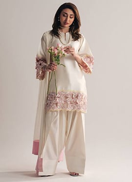 Off White Crepe Silk Embroidered Farshi Suit